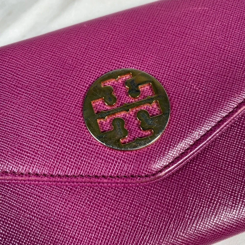 Tory Burch Continental Wallet Leather Zip Around Clutch Plum Purple 7.5x4‎
